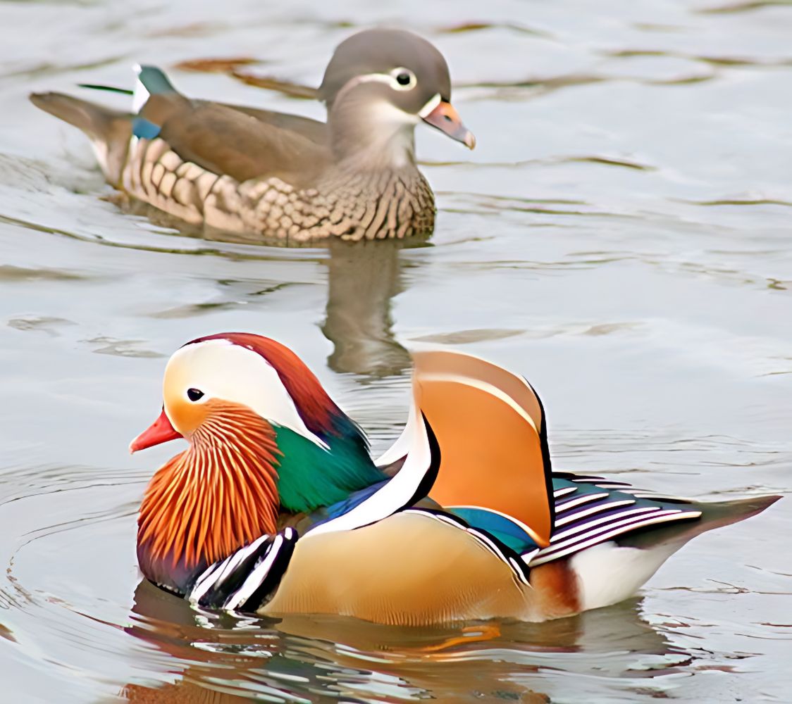 Pareja de pato mandarin (aix galericulata) en el agua	